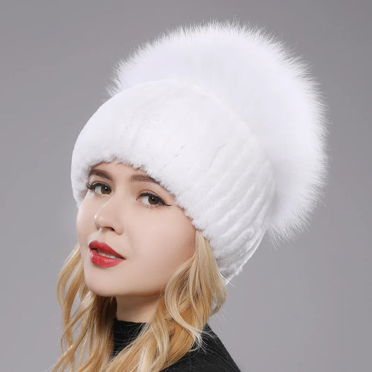 2025 New Style Women  Beanies Hat Girls Cap Knit Winter Real Fur Hats