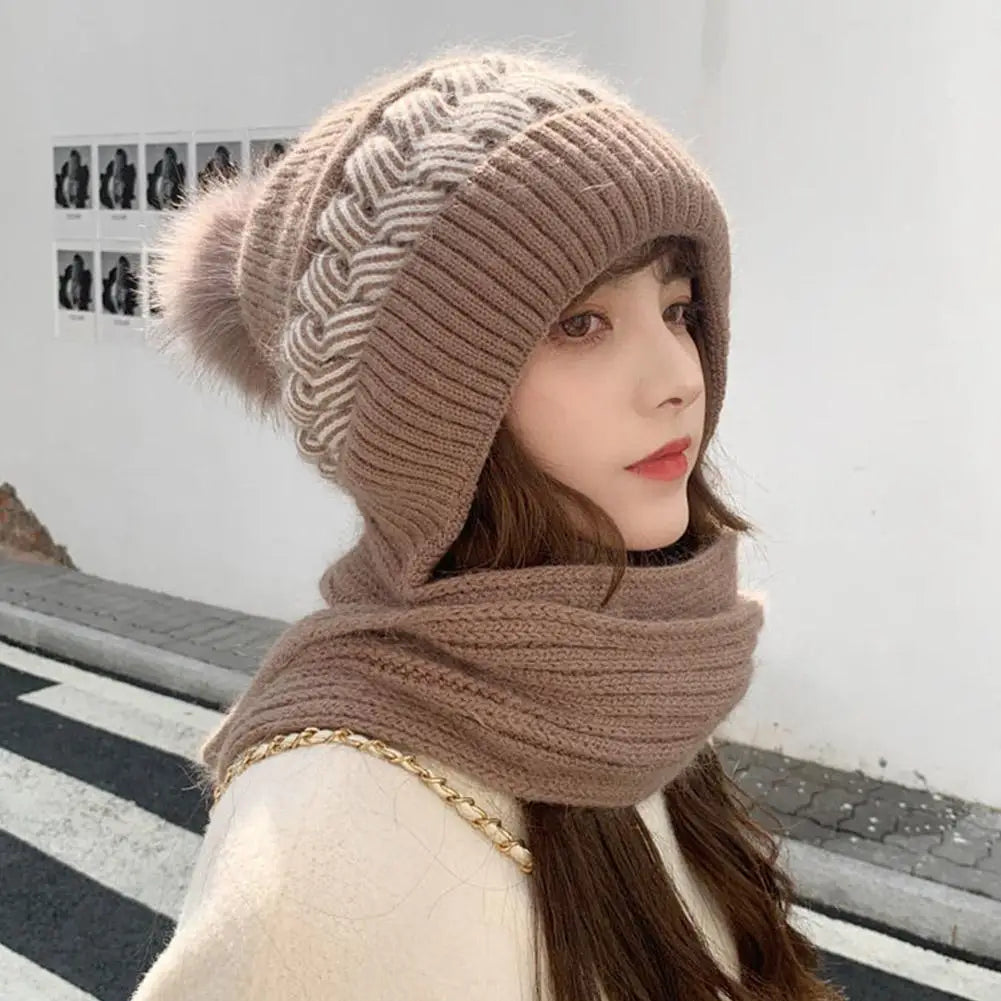 Women's Knitted Hat Double Warm Padded Thickened Hat Scarf Wool Knitting  Wind and Snow Beanies Hats