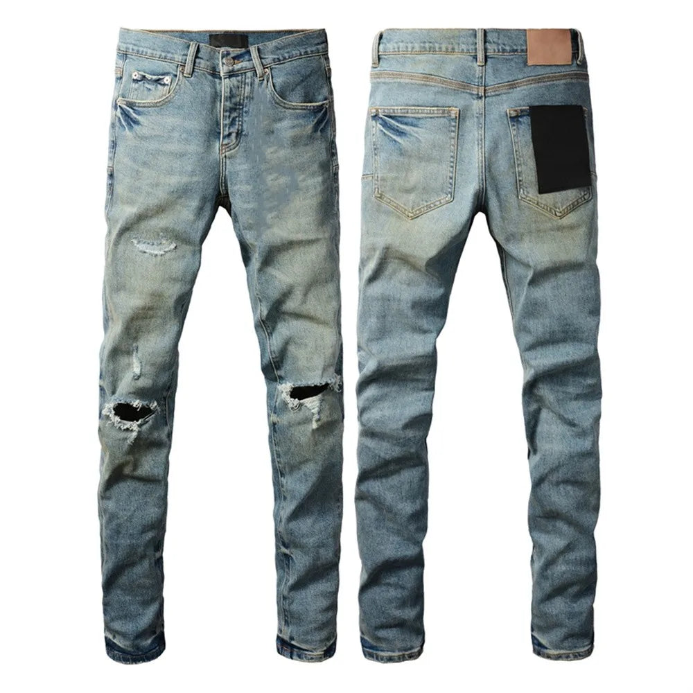 Men Jeans Fashion High Street Retro wash Light Blue Distressed Tie Dye  Stretch Skinny Button Fly Hole Ripped Jeans Pants