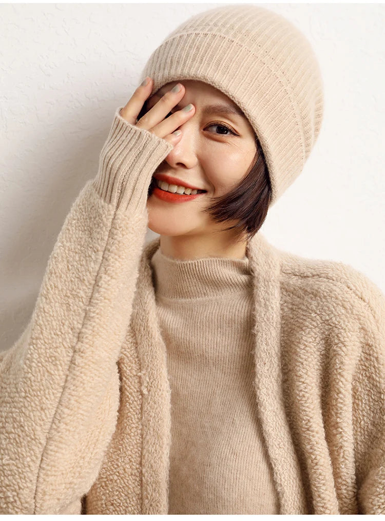 Women's 2025  Autumn Winter Hats 100% Pure Cashmere Knitted Soft Warm Thick Cap  High Quality