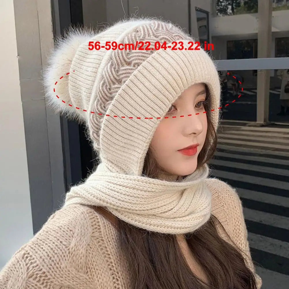 Women's Knitted Hat Double Warm Padded Thickened Hat Scarf Wool Knitting  Wind and Snow Beanies Hats