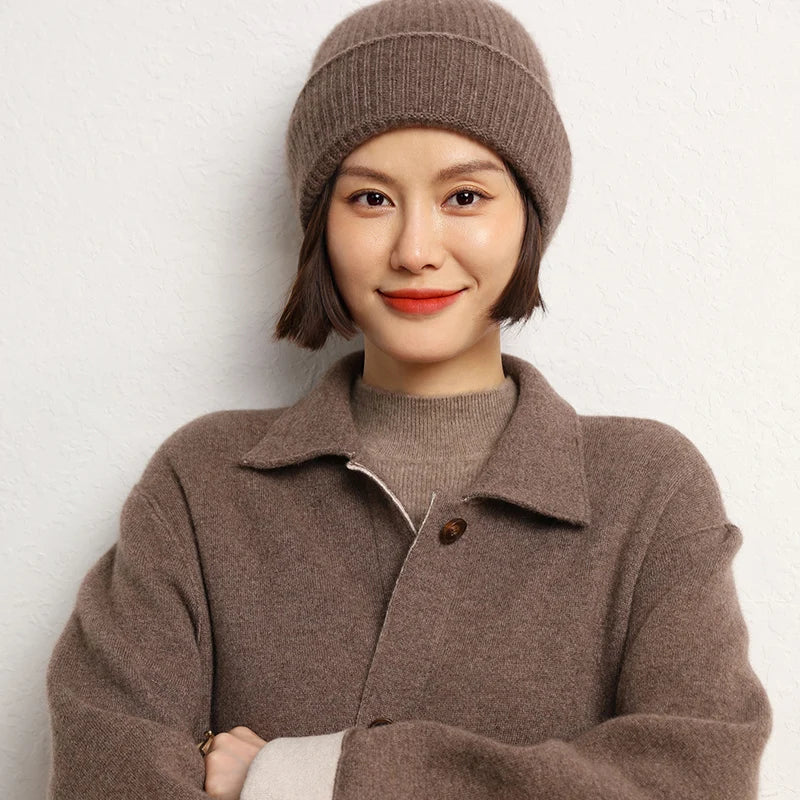 Women's 2025  Autumn Winter Hats 100% Pure Cashmere Knitted Soft Warm Thick Cap  High Quality