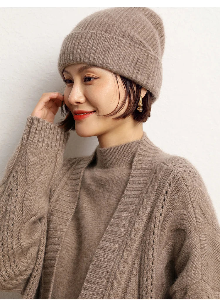 Women's 2025  Autumn Winter Hats 100% Pure Cashmere Knitted Soft Warm Thick Cap  High Quality