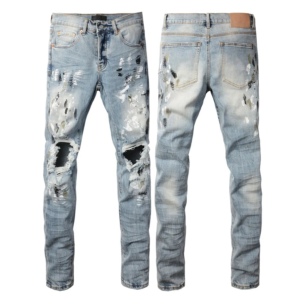Men Jeans Fashion High Street Retro wash Light Blue Distressed Tie Dye  Stretch Skinny Button Fly Hole Ripped Jeans Pants