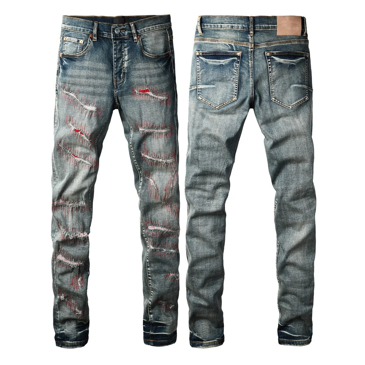 Men Jeans Fashion High Street Retro wash Light Blue Distressed Tie Dye  Stretch Skinny Button Fly Hole Ripped Jeans Pants