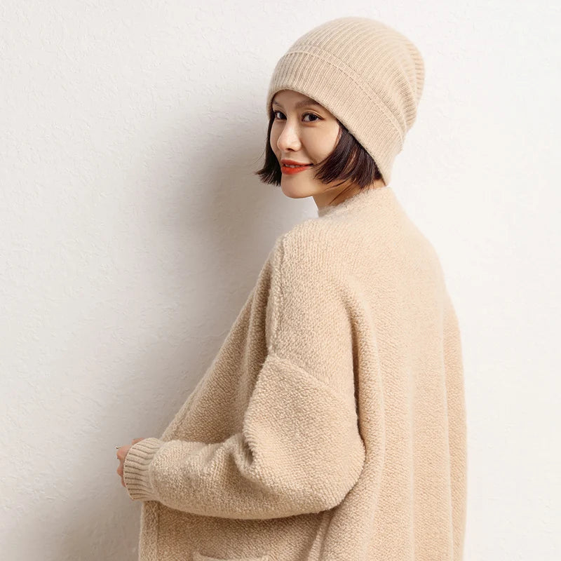 Women's 2025  Autumn Winter Hats 100% Pure Cashmere Knitted Soft Warm Thick Cap  High Quality