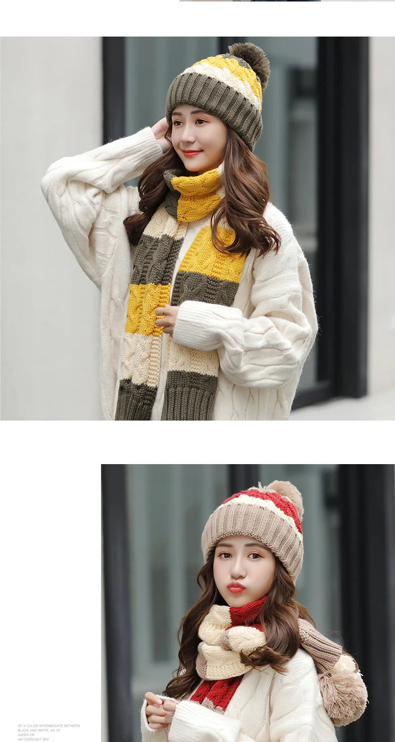 Women's Winter Knit Hat Scarf Two-piece  Velvet Beanies Cap Lady Warm Wool Ball Caps Sweet Cute knitted Earmuffs Hats