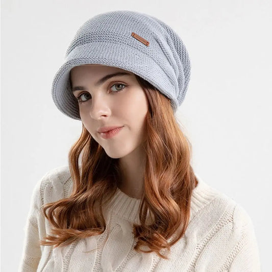 Women Girl Autumn Winter Soft  Knitted Hat Warm Thickened Fleece Lined Beanies Casual Outdoor Windproof Bonnet