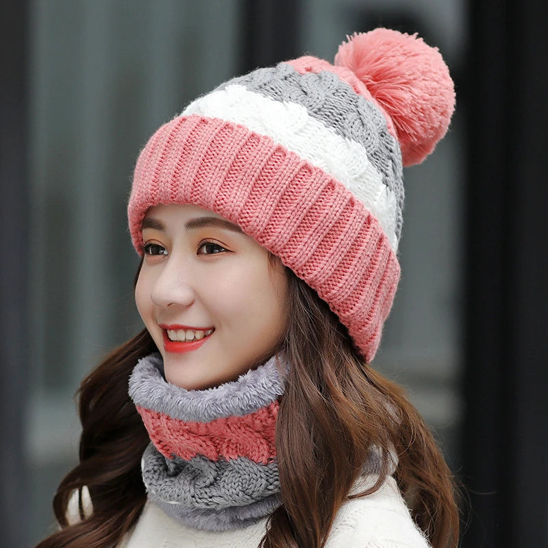 Women's Winter Knit Hat Scarf Two-piece  Velvet Beanies Cap Lady Warm Wool Ball Caps Sweet Cute knitted Earmuffs Hats
