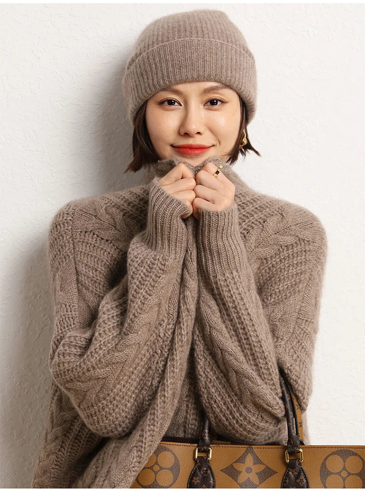 Women's 2025  Autumn Winter Hats 100% Pure Cashmere Knitted Soft Warm Thick Cap  High Quality
