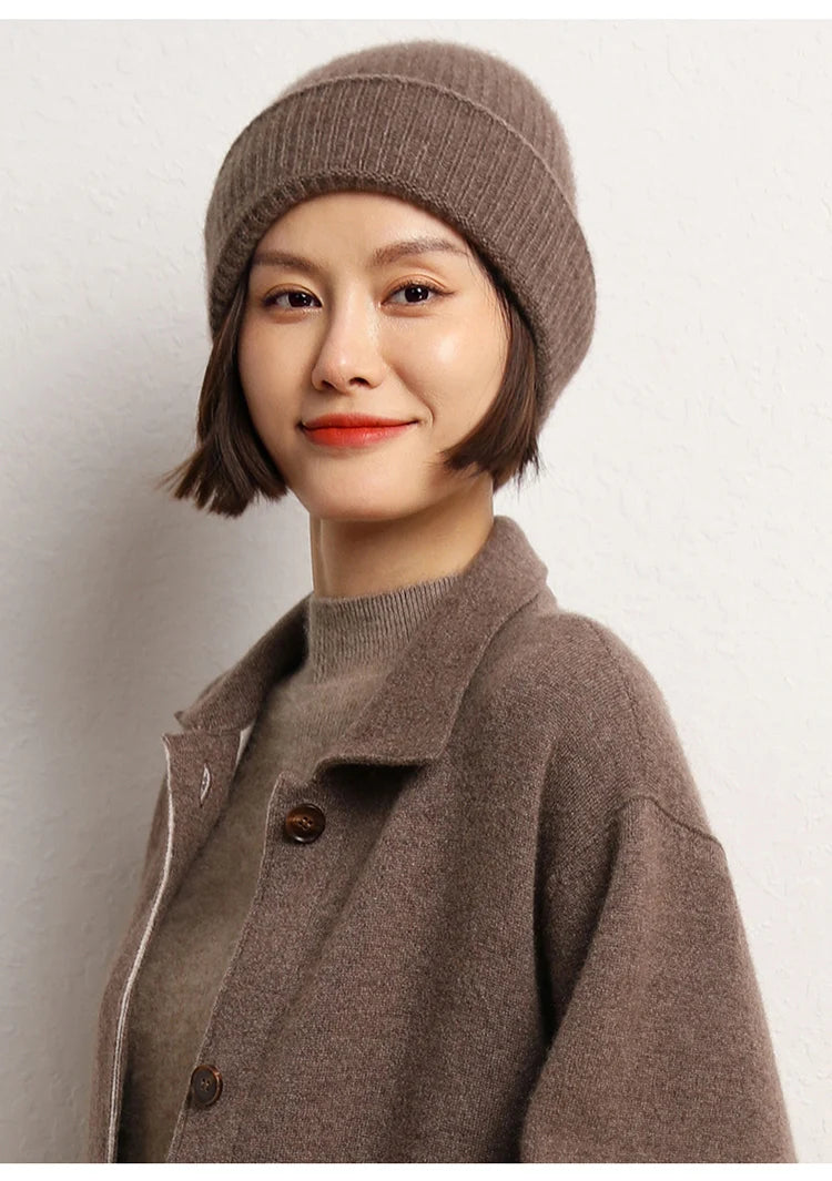 Women's 2025  Autumn Winter Hats 100% Pure Cashmere Knitted Soft Warm Thick Cap  High Quality