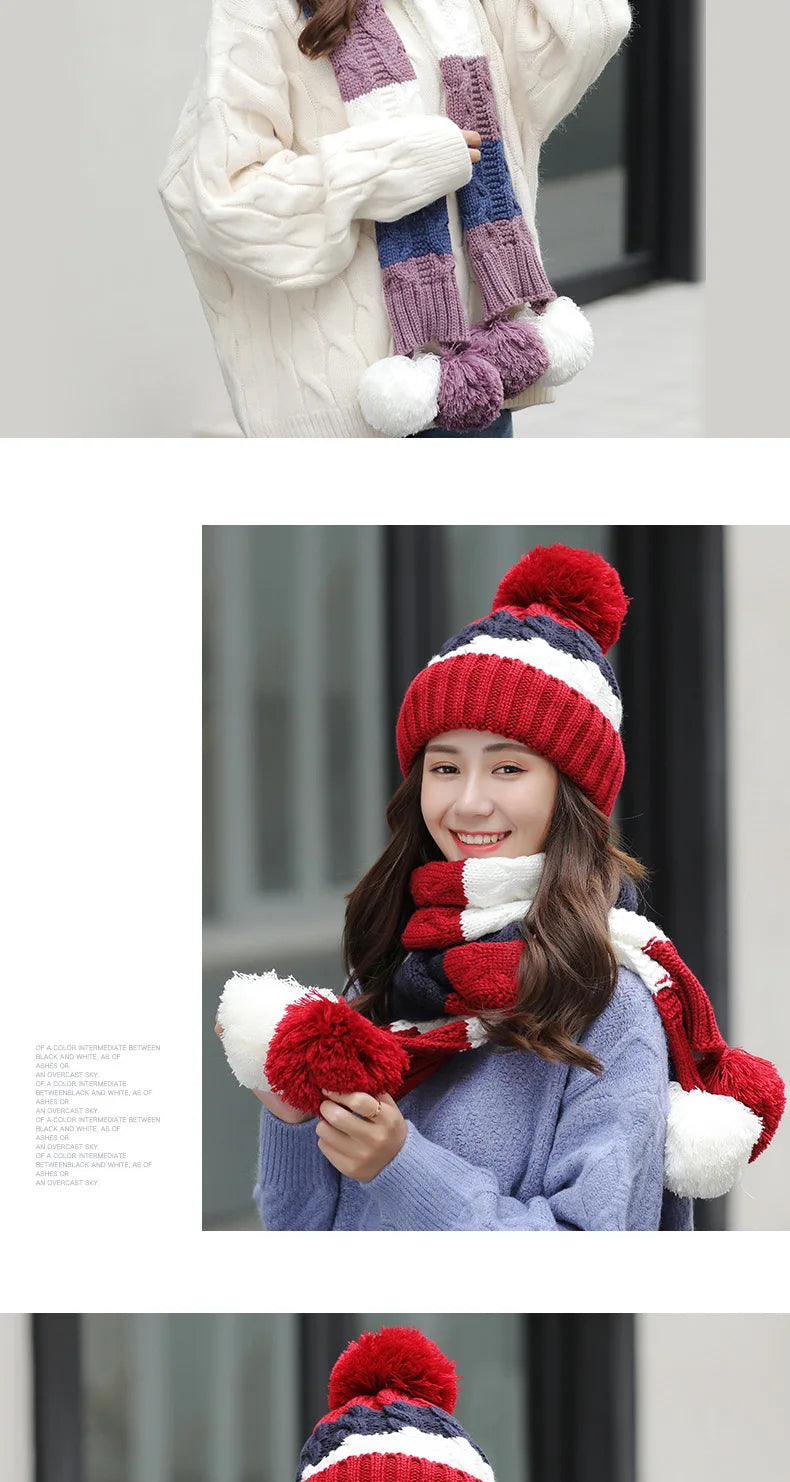Women's Winter Knit Hat Scarf Two-piece  Velvet Beanies Cap Lady Warm Wool Ball Caps Sweet Cute knitted Earmuffs Hats