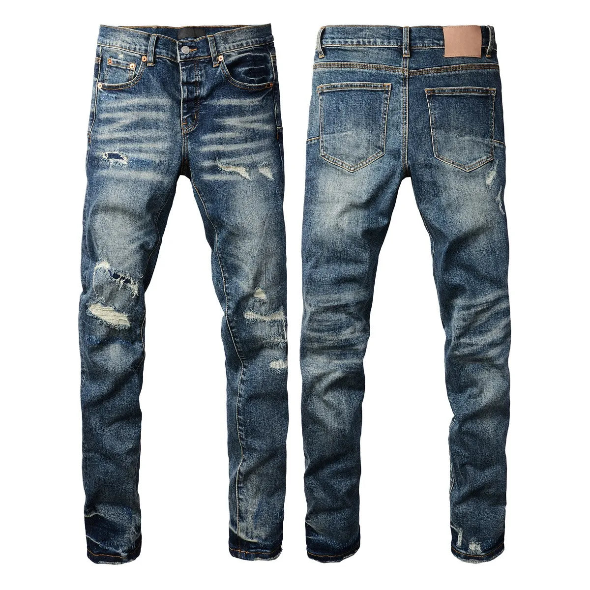 Men Jeans Fashion High Street Retro wash Light Blue Distressed Tie Dye  Stretch Skinny Button Fly Hole Ripped Jeans Pants