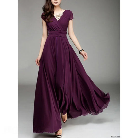 Women's Fashion V Neck Short Sleeve Evening Party Dress Temperament Solid Color Long Cocktail Chiffon High Waist Summer Dresses