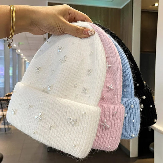 New Luxury Rhinestone Beads Knitted Hat Fur Wool  Cap Winter Fashion Thickened Warm Beanie's