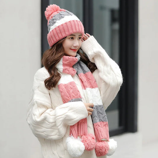 Women's Winter Knit Hat Scarf Two-piece  Velvet Beanies Cap Lady Warm Wool Ball Caps Sweet Cute knitted Earmuffs Hats