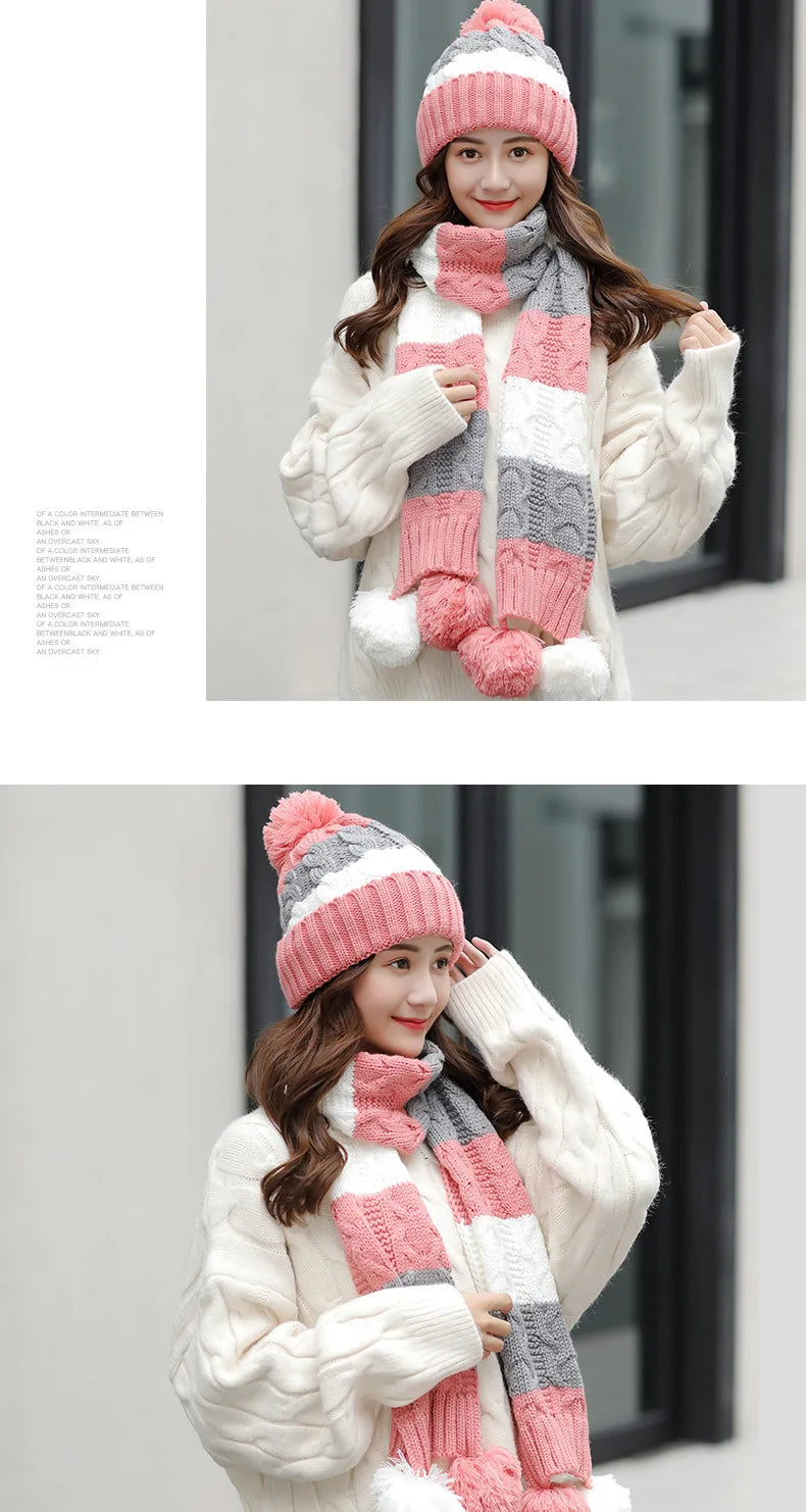 Women's Winter Knit Hat Scarf Two-piece  Velvet Beanies Cap Lady Warm Wool Ball Caps Sweet Cute knitted Earmuffs Hats