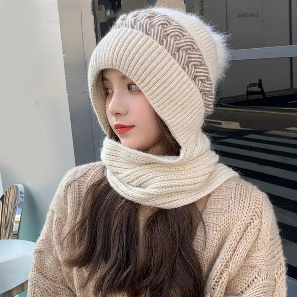 Women's Knitted Hat Double Warm Padded Thickened Hat Scarf Wool Knitting  Wind and Snow Beanies Hats