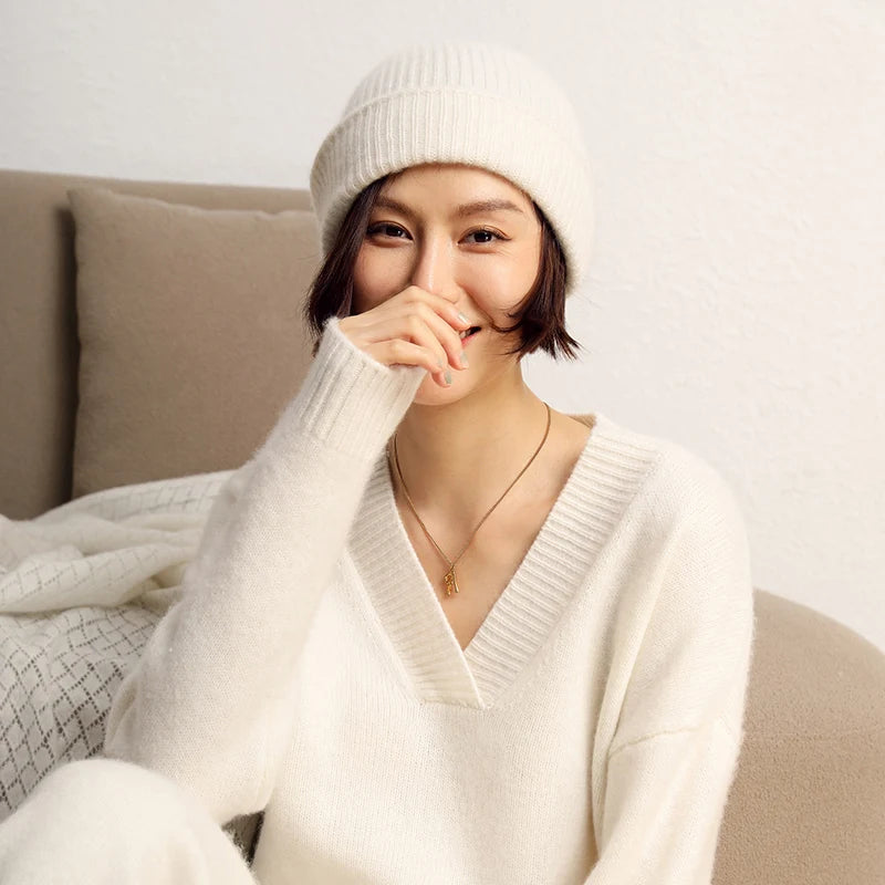 Women's 2025  Autumn Winter Hats 100% Pure Cashmere Knitted Soft Warm Thick Cap  High Quality