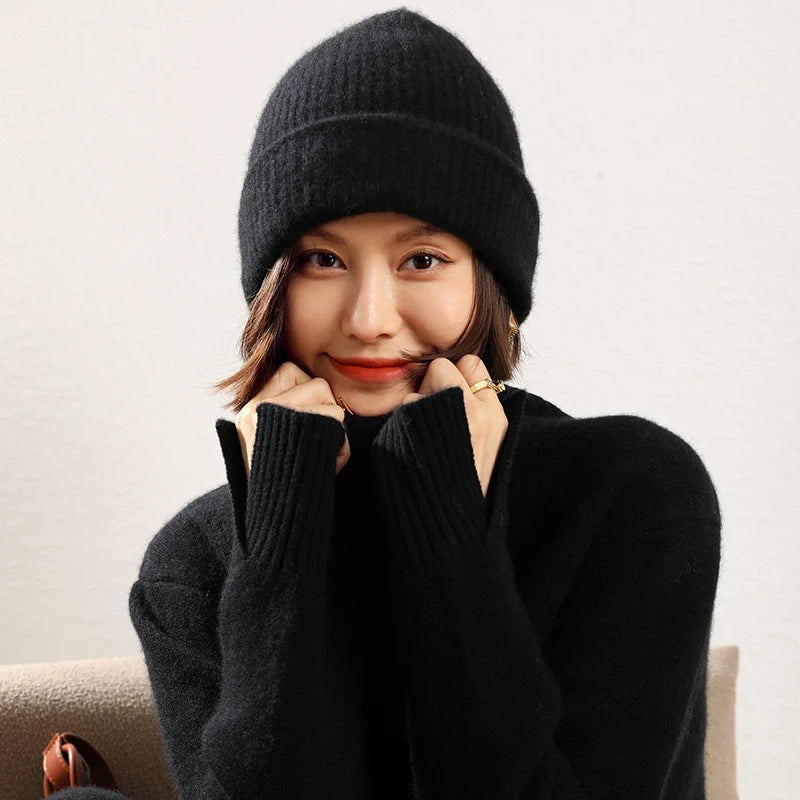 Women's 2025  Autumn Winter Hats 100% Pure Cashmere Knitted Soft Warm Thick Cap  High Quality