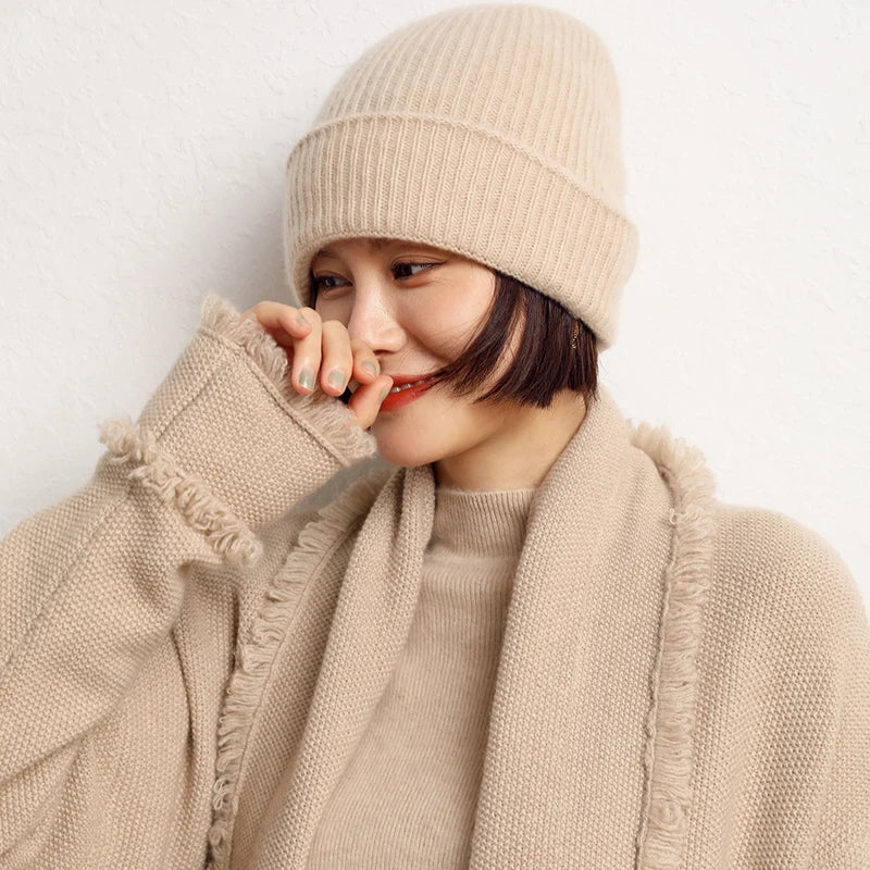 Women's 2025  Autumn Winter Hats 100% Pure Cashmere Knitted Soft Warm Thick Cap  High Quality
