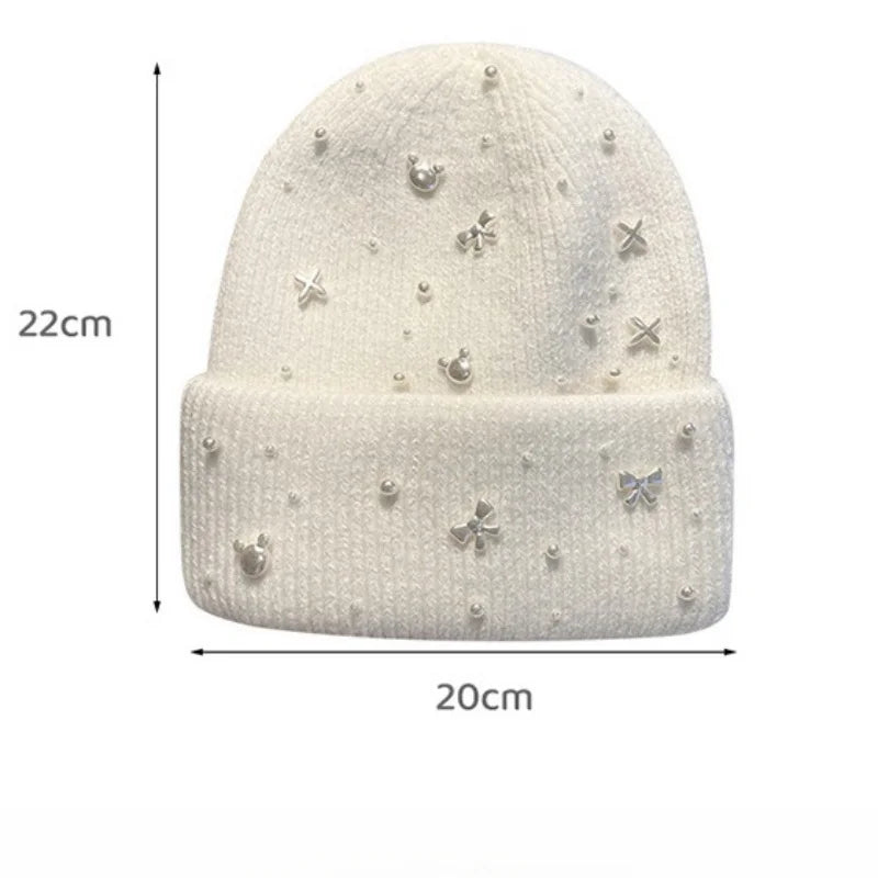 New Luxury Rhinestone Beads Knitted Hat Fur Wool  Cap Winter Fashion Thickened Warm Beanie's