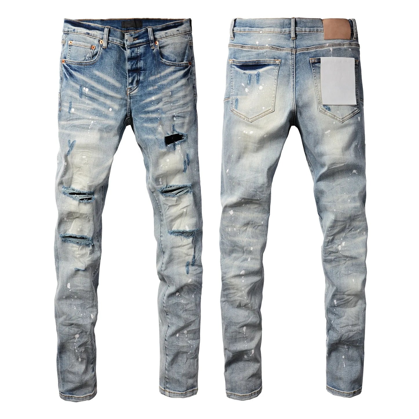 Men Jeans Fashion High Street Retro wash Light Blue Distressed Tie Dye  Stretch Skinny Button Fly Hole Ripped Jeans Pants