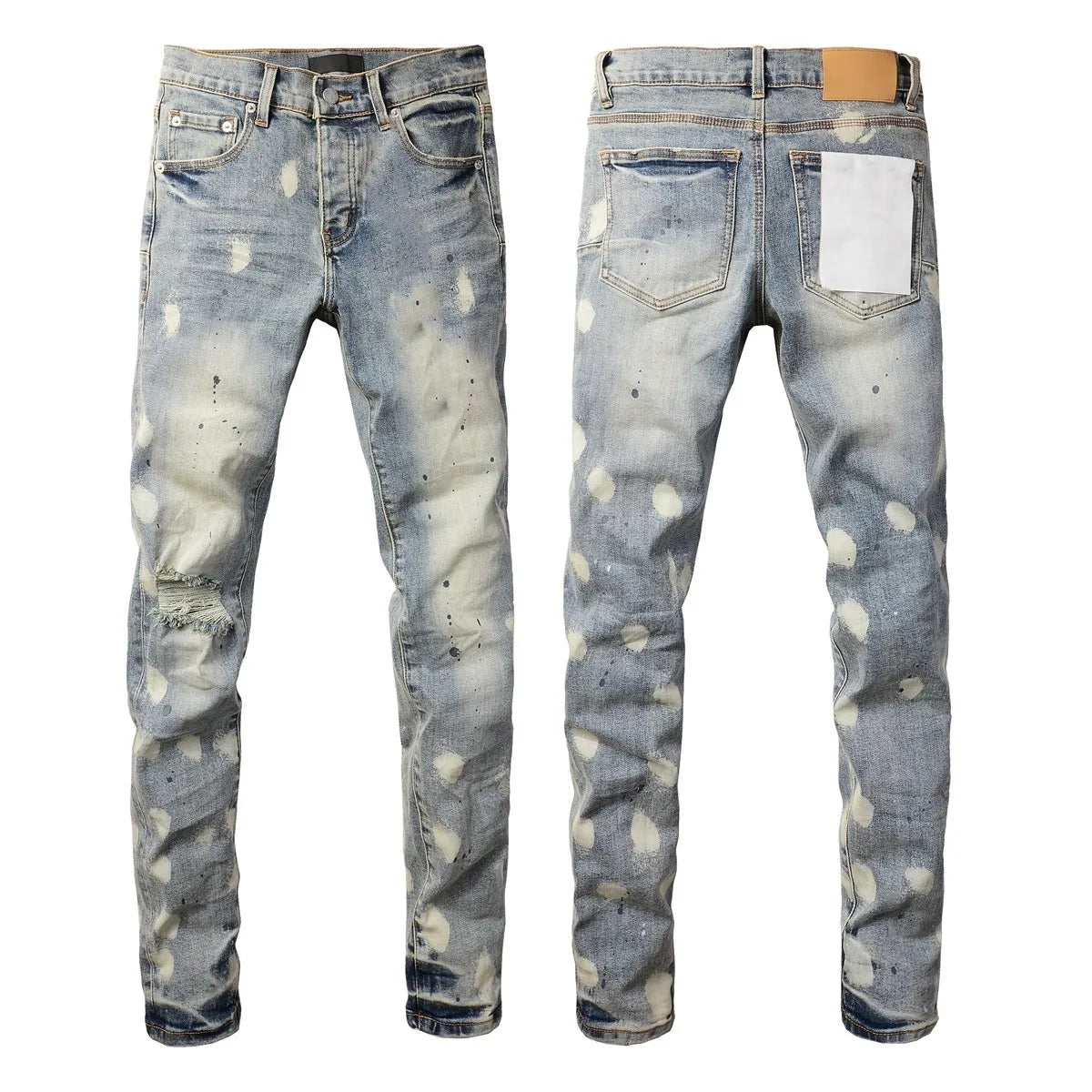 Men Jeans Fashion High Street Retro wash Light Blue Distressed Tie Dye  Stretch Skinny Button Fly Hole Ripped Jeans Pants