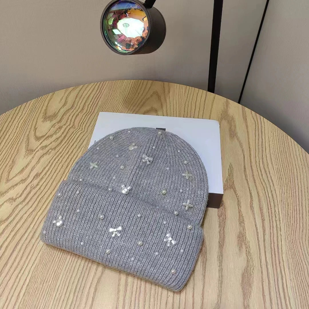 New Luxury Rhinestone Beads Knitted Hat Fur Wool  Cap Winter Fashion Thickened Warm Beanie's