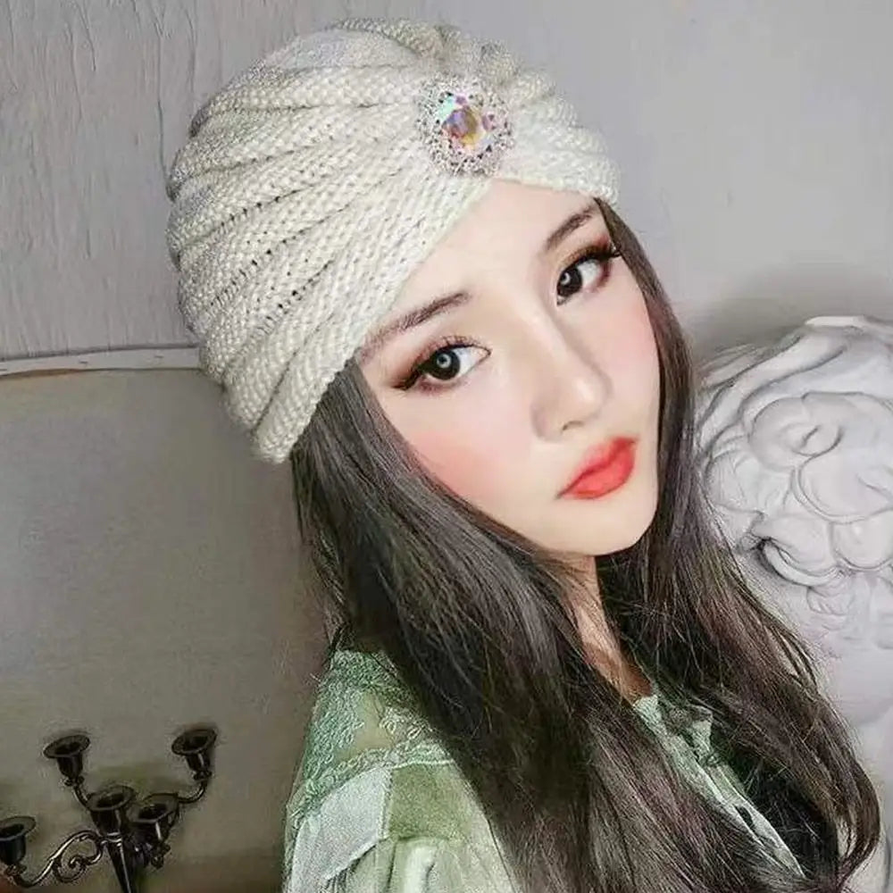 Women's Fashion Winter Warm Hijab Caps Soft Thick Bohemia Turban Wool Knitting Cashmere Turban Cap