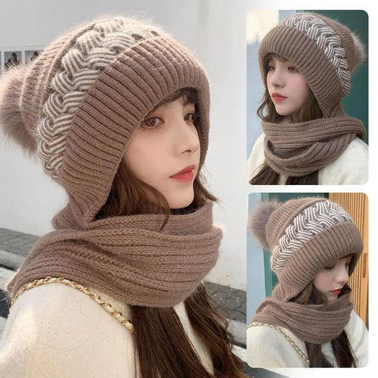Women's Knitted Hat Double Warm Padded Thickened Hat Scarf Wool Knitting  Wind and Snow Beanies Hats