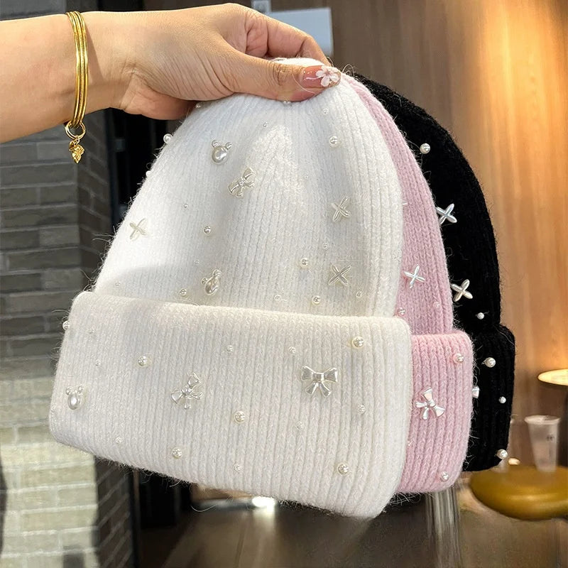 New Luxury Rhinestone Beads Knitted Hat Fur Wool  Cap Winter Fashion Thickened Warm Beanie's