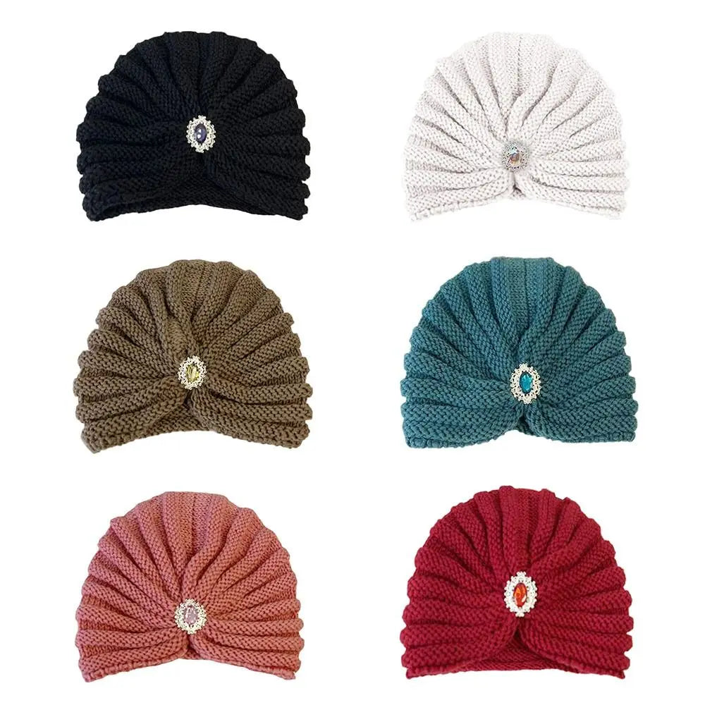 Women's Fashion Winter Warm Hijab Caps Soft Thick Bohemia Turban Wool Knitting Cashmere Turban Cap
