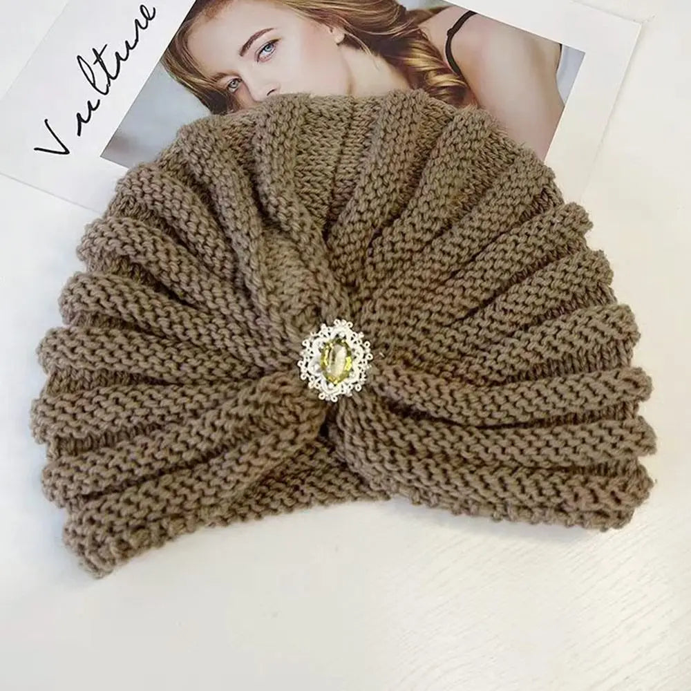 Women's Fashion Winter Warm Hijab Caps Soft Thick Bohemia Turban Wool Knitting Cashmere Turban Cap