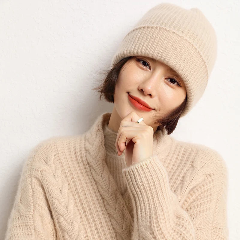 Women's 2025  Autumn Winter Hats 100% Pure Cashmere Knitted Soft Warm Thick Cap  High Quality