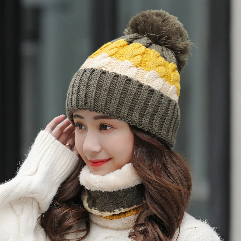 Women's Winter Knit Hat Scarf Two-piece  Velvet Beanies Cap Lady Warm Wool Ball Caps Sweet Cute knitted Earmuffs Hats