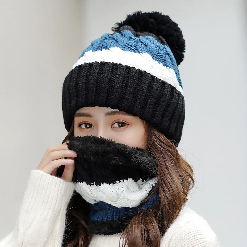 Women's Winter Knit Hat Scarf Two-piece  Velvet Beanies Cap Lady Warm Wool Ball Caps Sweet Cute knitted Earmuffs Hats