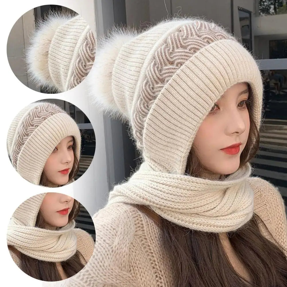 Women's Knitted Hat Double Warm Padded Thickened Hat Scarf Wool Knitting  Wind and Snow Beanies Hats