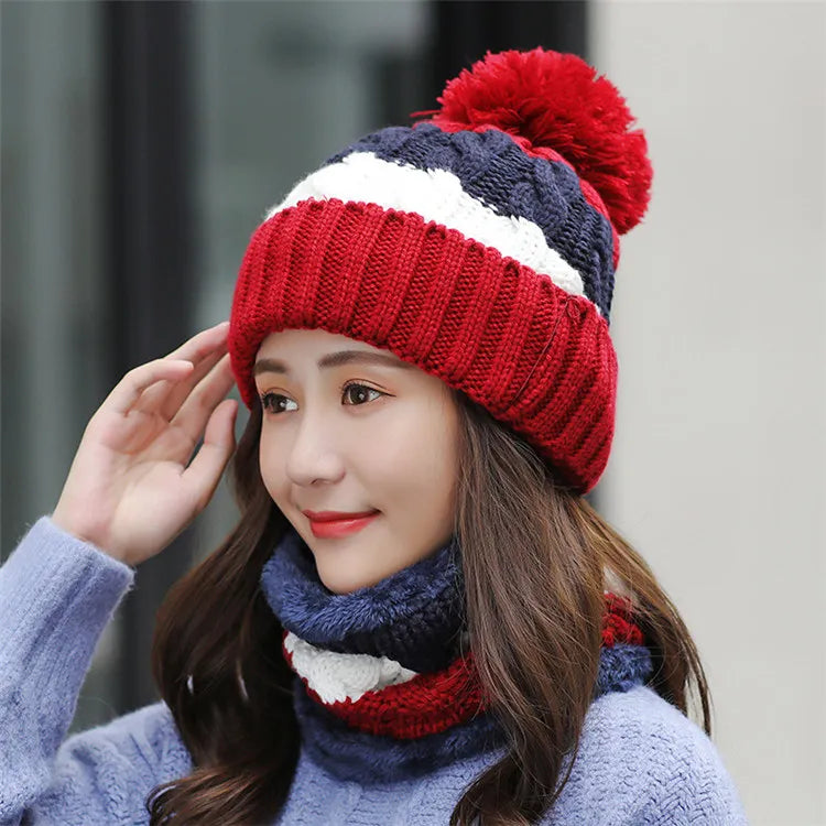 Women's Winter Knit Hat Scarf Two-piece  Velvet Beanies Cap Lady Warm Wool Ball Caps Sweet Cute knitted Earmuffs Hats