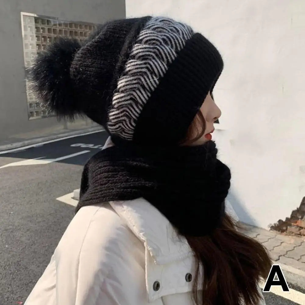 Women's Knitted Hat Double Warm Padded Thickened Hat Scarf Wool Knitting  Wind and Snow Beanies Hats
