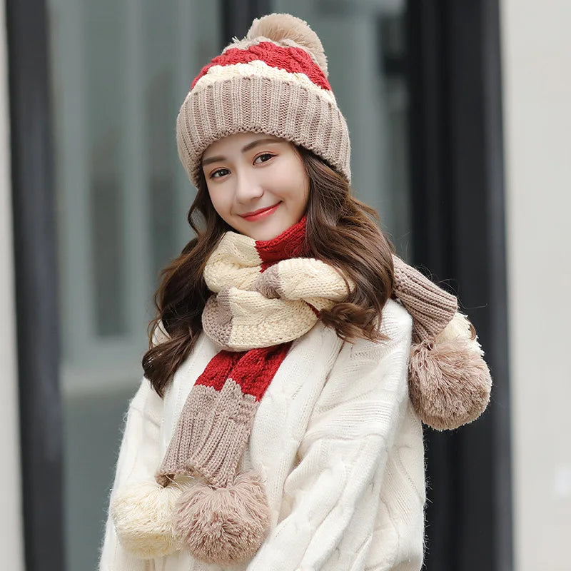 Women's Winter Knit Hat Scarf Two-piece  Velvet Beanies Cap Lady Warm Wool Ball Caps Sweet Cute knitted Earmuffs Hats