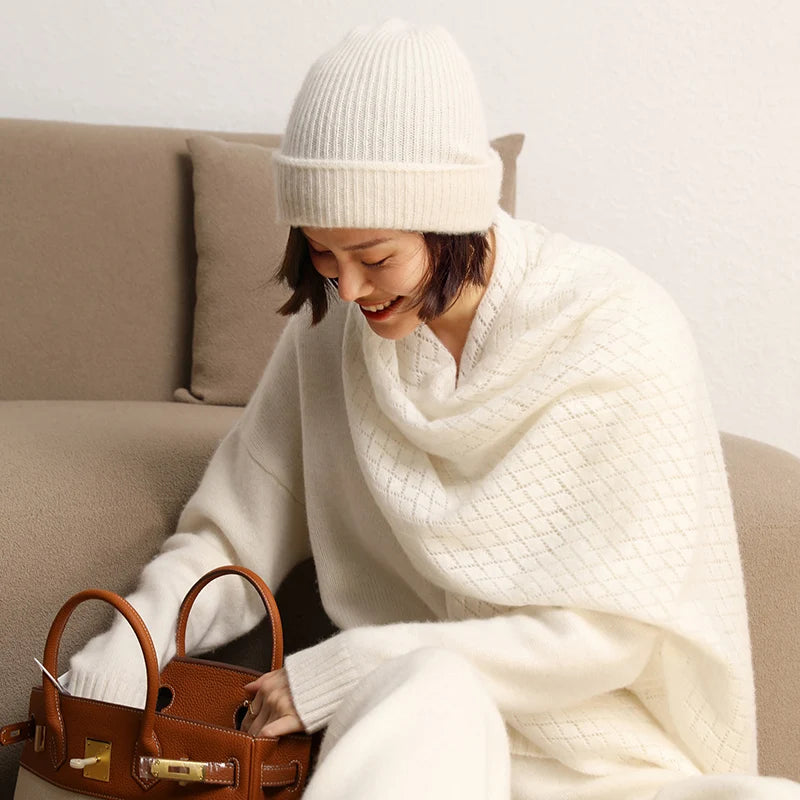 Women's 2025  Autumn Winter Hats 100% Pure Cashmere Knitted Soft Warm Thick Cap  High Quality