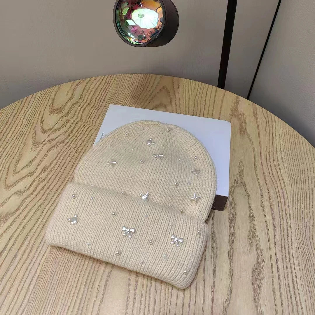 New Luxury Rhinestone Beads Knitted Hat Fur Wool  Cap Winter Fashion Thickened Warm Beanie's