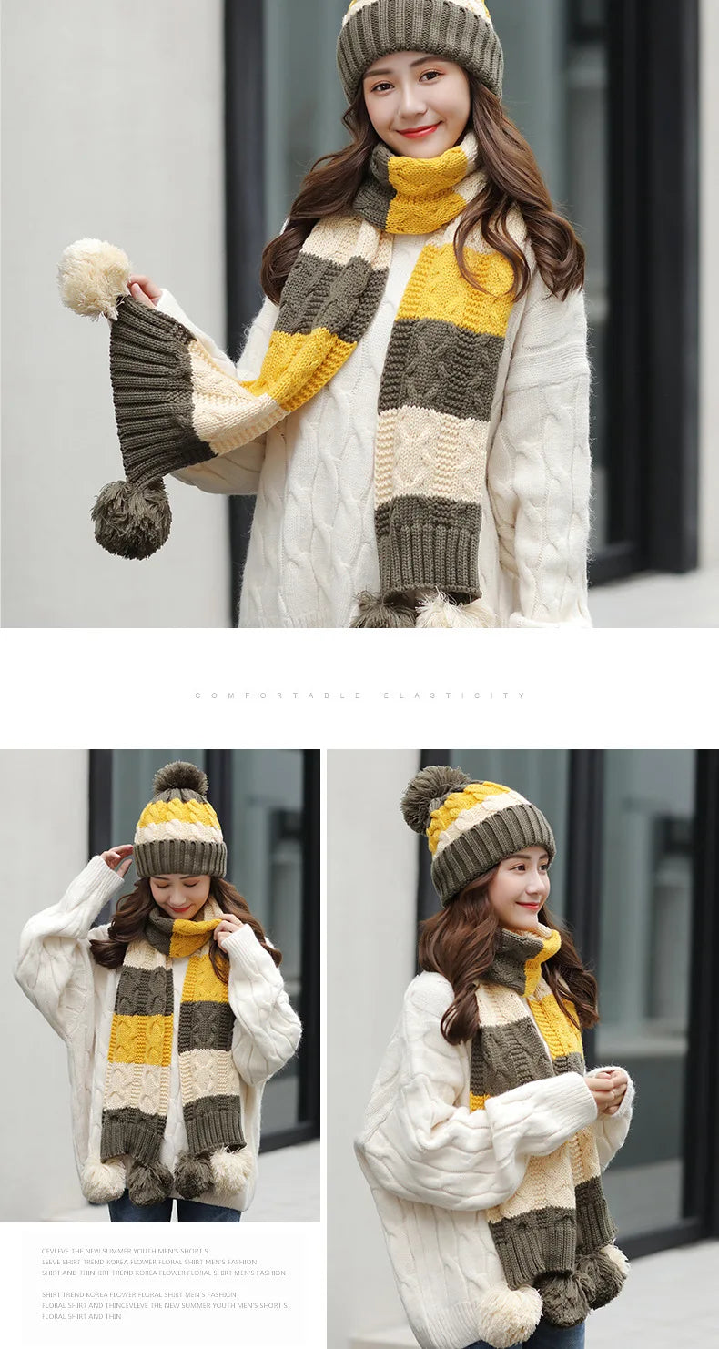 Women's Winter Knit Hat Scarf Two-piece  Velvet Beanies Cap Lady Warm Wool Ball Caps Sweet Cute knitted Earmuffs Hats