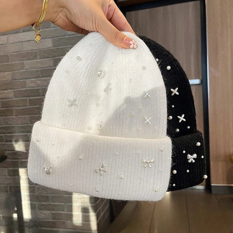 New Luxury Rhinestone Beads Knitted Hat Fur Wool  Cap Winter Fashion Thickened Warm Beanie's