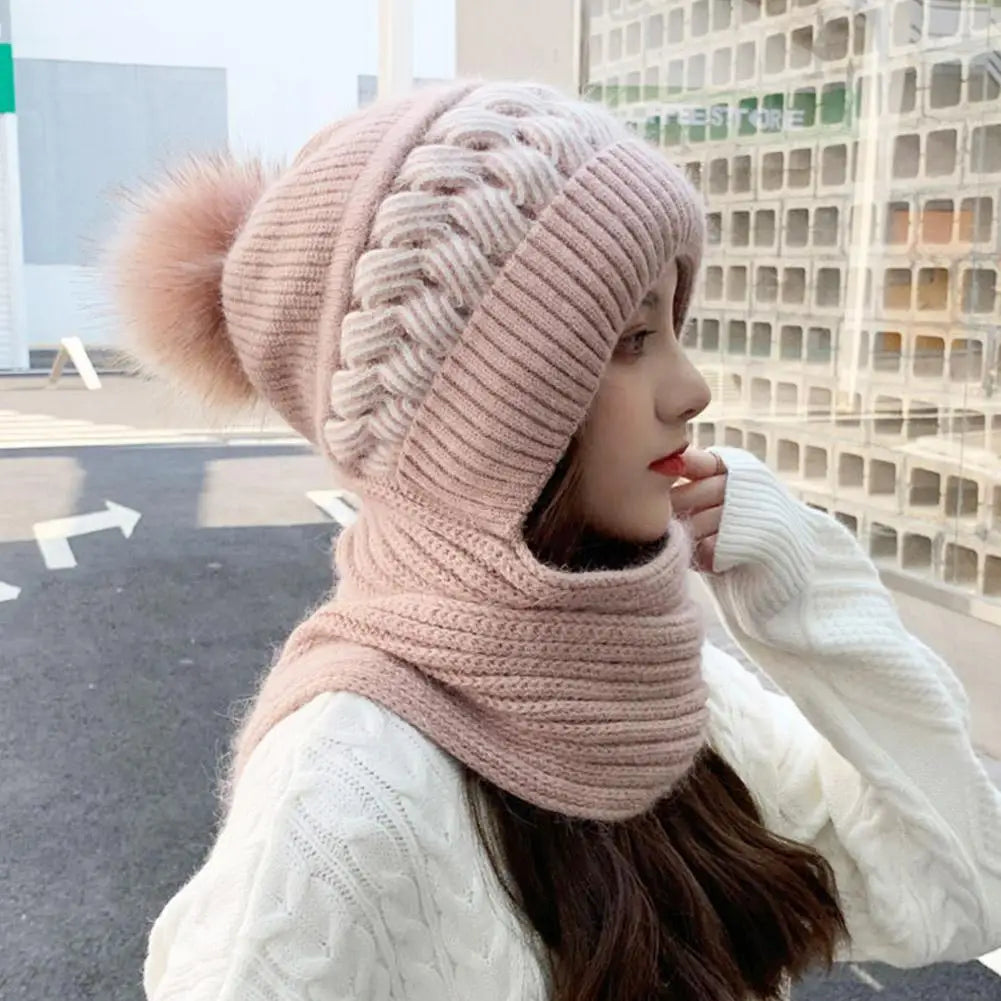 Women's Knitted Hat Double Warm Padded Thickened Hat Scarf Wool Knitting  Wind and Snow Beanies Hats