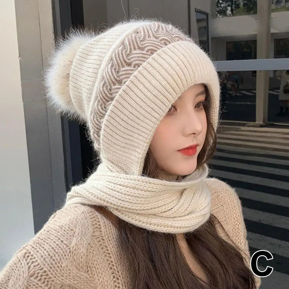 Women's Knitted Hat Double Warm Padded Thickened Hat Scarf Wool Knitting  Wind and Snow Beanies Hats