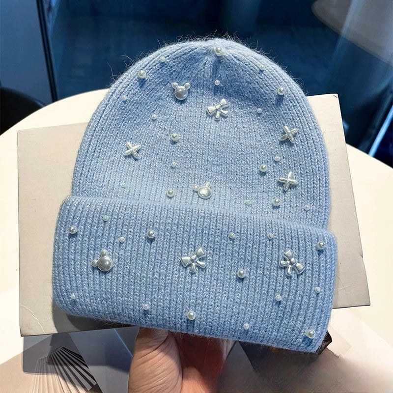 New Luxury Rhinestone Beads Knitted Hat Fur Wool  Cap Winter Fashion Thickened Warm Beanie's