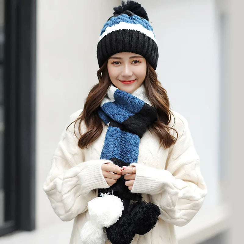 Women's Winter Knit Hat Scarf Two-piece  Velvet Beanies Cap Lady Warm Wool Ball Caps Sweet Cute knitted Earmuffs Hats
