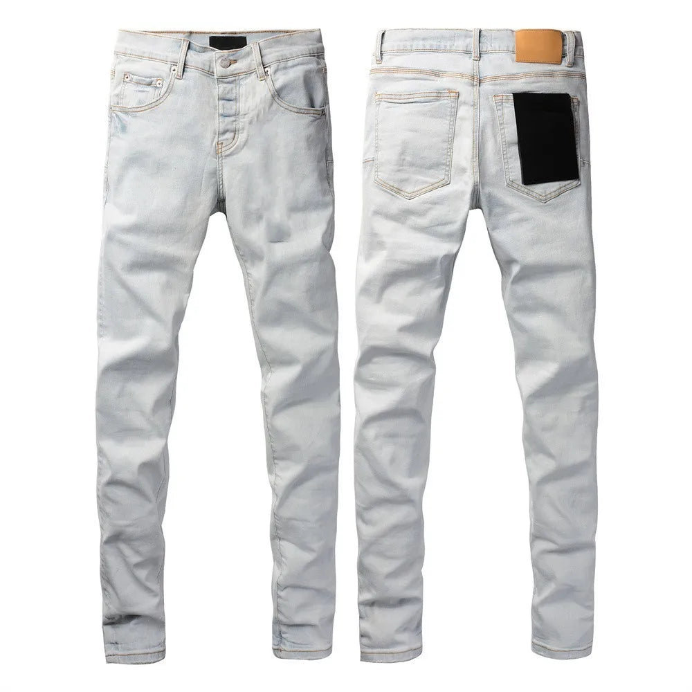 Men Jeans Fashion High Street Retro wash Light Blue Distressed Tie Dye  Stretch Skinny Button Fly Hole Ripped Jeans Pants